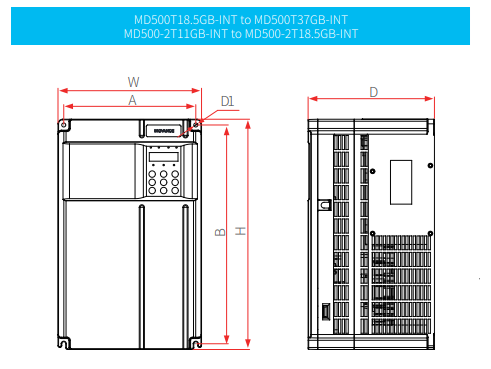 Kích thước biến tần MD500-T18.5GB-INT - Biến tần Inovance MD500 3 pha 380V 18.5kW