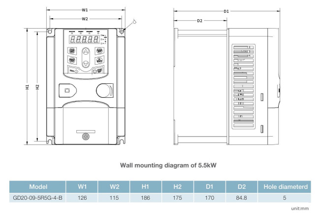 Kích thước biến tần INVT GD20-09-5R5G-4-B