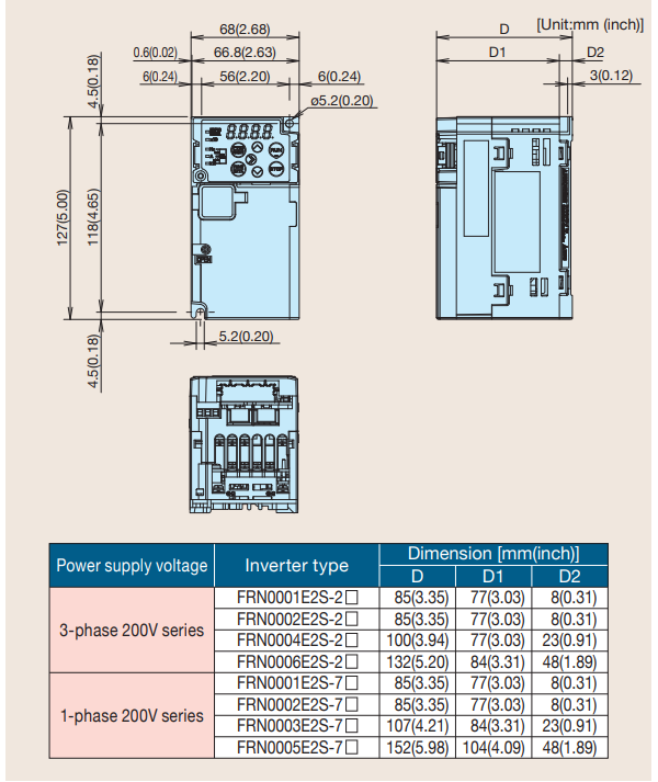 Kích thước biến tần Fuji Ace FRN0001E2S-2GB