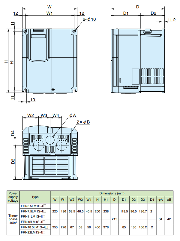 Kích thước biến tần Fuji Lift FRN22LM1S-4AA