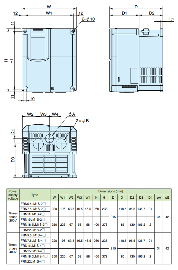 Kích thước biến tần Fuji Lift FRN5.5LM1S-4AA