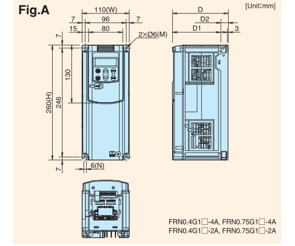 Kích thước biến tần Fuji Mega FRN0.4G1S-4A