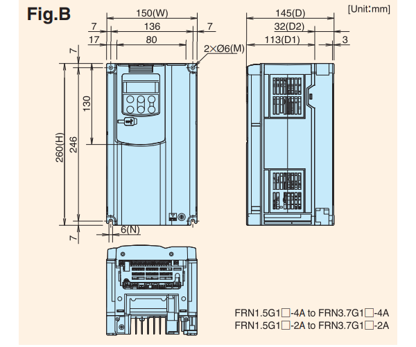 Kích thước biến tần Fuji Mega FRN3.7G1S-4A