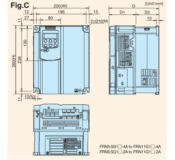 Kích thước biến tần Fuji Mega FRN7-5G1S-4A