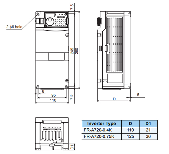 Kích thước biến tần Mitsubishi F800 3 pha 220V 0.4kW FR-A720-0.4K