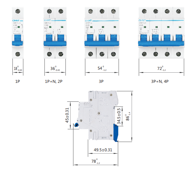 Kích thước Aptomat CHINT MCB NB1-63 3P 10A