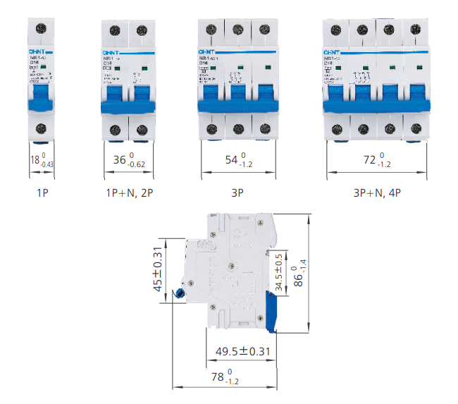 Kích thước Aptomat CHINT MCB NB1-63H 1P 10A