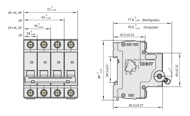 Kích thước Aptomat CHINT MCB NXB-63 4P 50A