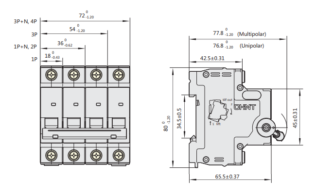 Kích thước Aptomat CHINT MCB NXB-63H 1P 10A