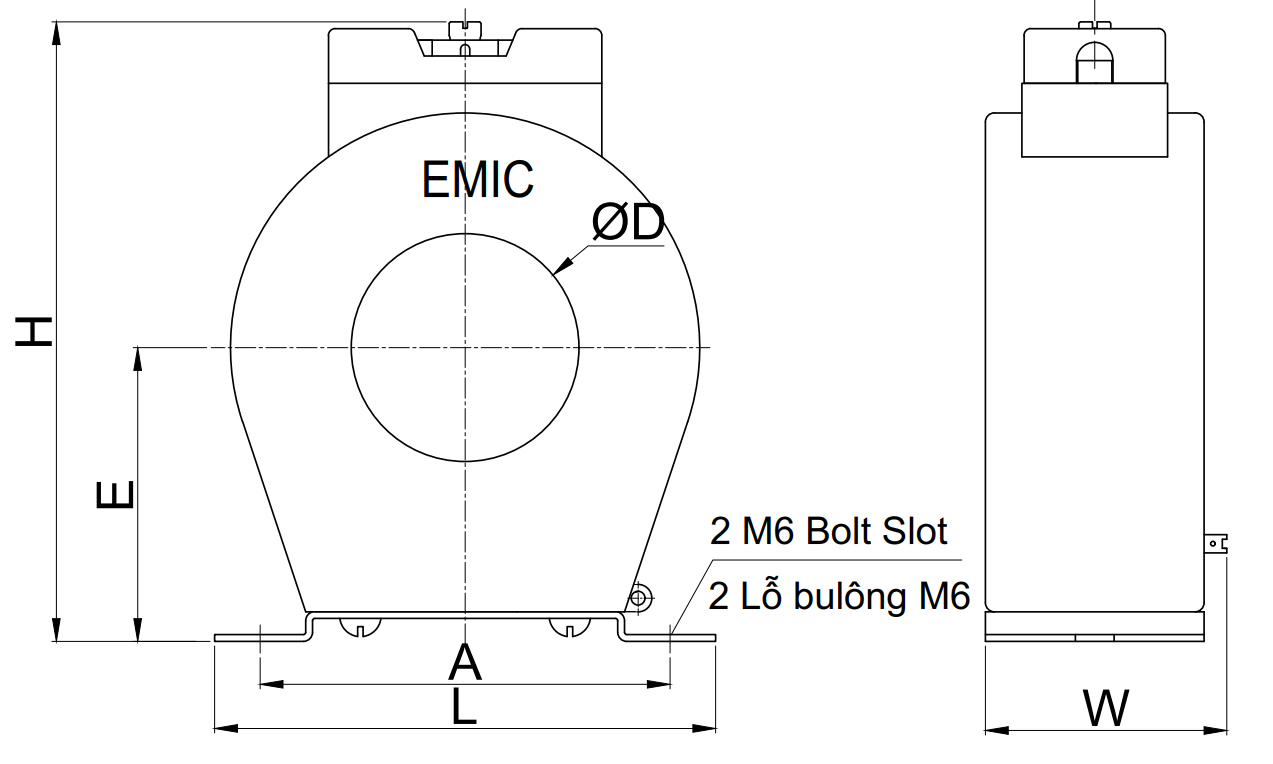 Kích thước Biến dòng tròn Emic 100/5A 5VA C0,5 