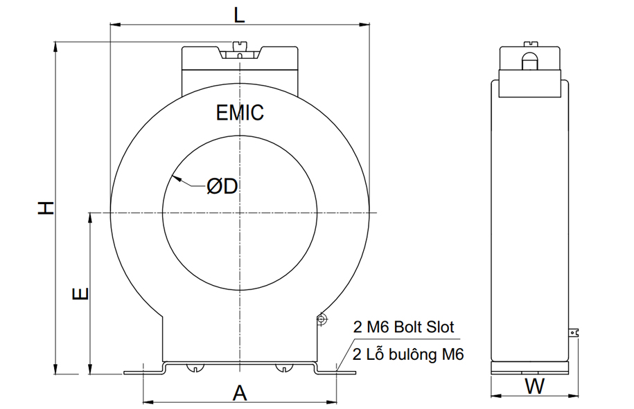 Kích thước Biến dòng tròn Emic 1200/5A 15VA C0,5