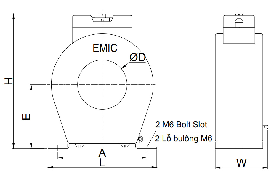 Kích thước Biến dòng tròn Emic 500/5A 5-15VA C0,5 
