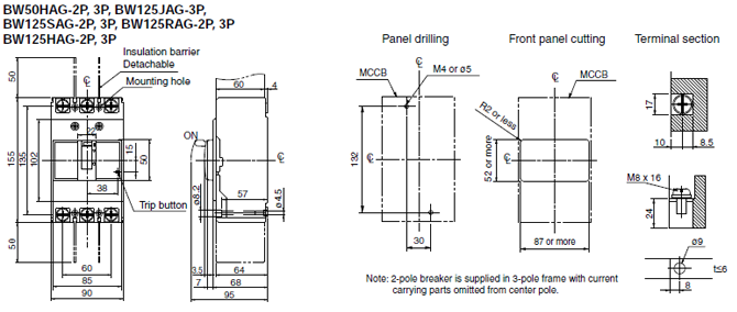 kích thước MCCB Fuji BW125SAG-3P 36kA