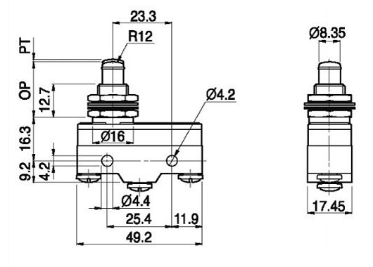 Kích thước công tắc hành trình Hanyoung HY-P701A