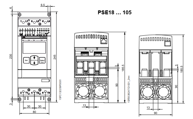 Kích thước khởi động mềm ABB PSE105-600-70 3P 380V 55kW