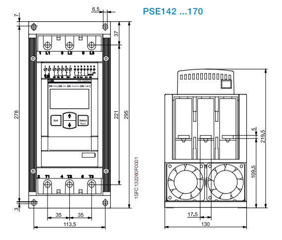 Kích thước khởi động mềm ABB PSE142-600-70 3P 380V 75kW