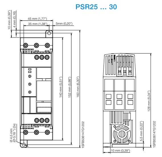 Kích thước khởi động mềm ABB PSR25-600-11 3P 380V 7.5kW