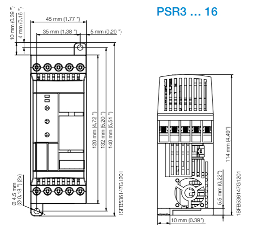 Kích thước khởi động mềm ABB PSR6-600-11 3P 380V 2.2kW