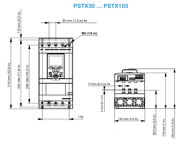 Kích thước khởi động mềm ABB PSTX105-600-70 3P 380V 55kW