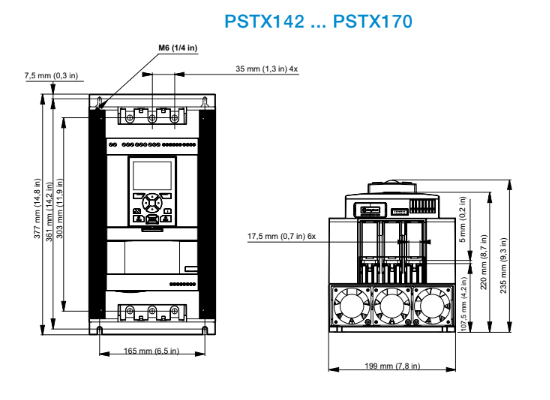 Kích thước khởi động mềm ABB PSTX142-600-70 3P 380V 75kW