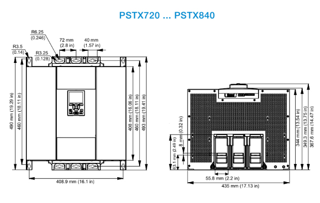 Kích thước khởi động mềm ABB PSTX840-600-70 3P 380V 560kW