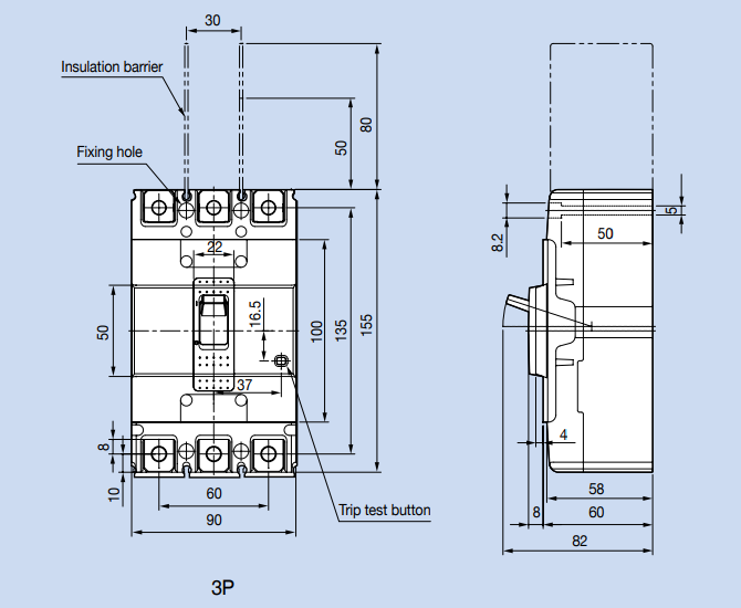 Kích thước Aptomat LS ABS103c 100A