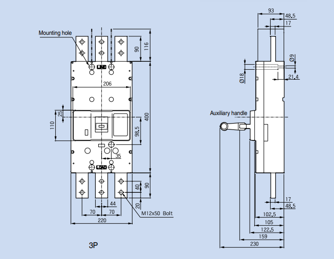 Kích thước Aptomat LS ABS1203b 1200A