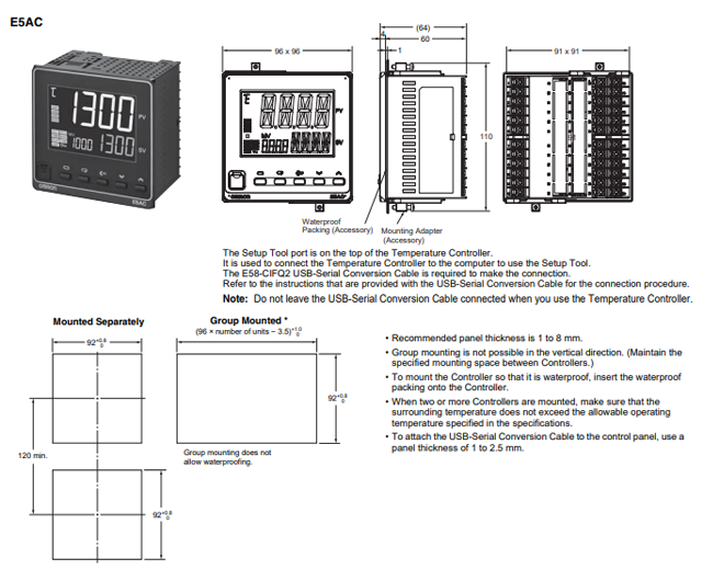 Kích thước bộ điều khiển nhiệt độ Omron E5AC-QR4A5M-010