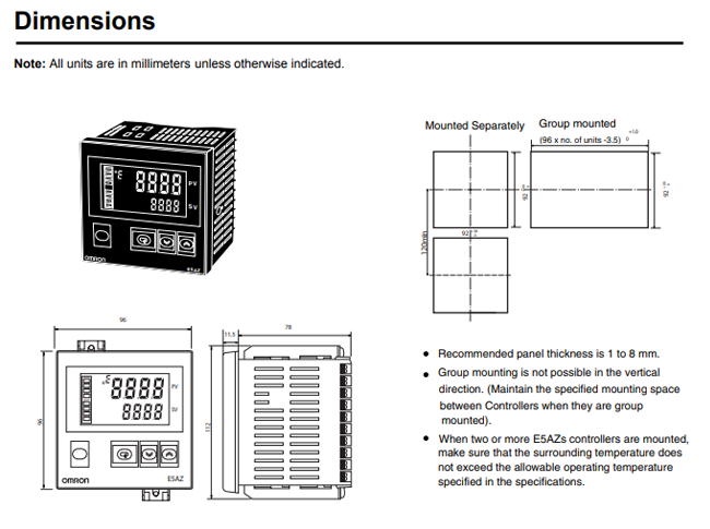 Kích thước bộ điều khiển nhiệt độ Omron E5AZ-R3HML