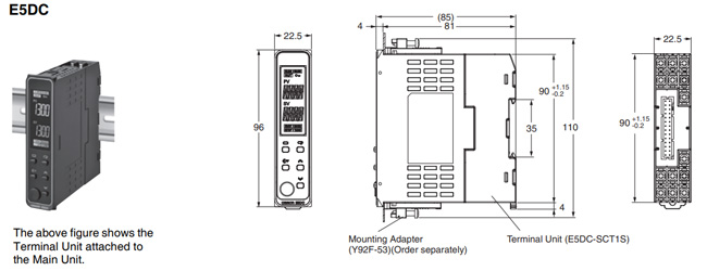 Kích thước bộ điều khiển nhiệt độ Omron E5DC-RX0DSM-815
