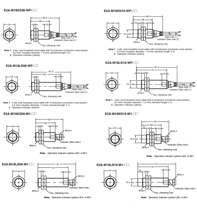Kích thước Cảm biến tiệm cận Omron E2A-M18KS08-WP-C1 2M