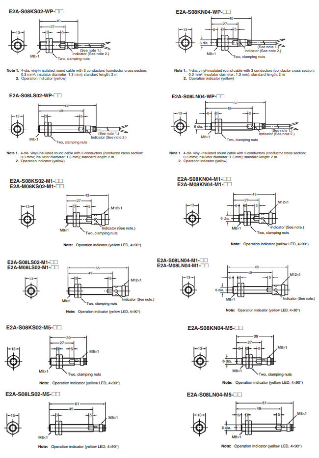 Kích thước Cảm biến tiệm cận Omron E2A-M08LN04-M1-B2