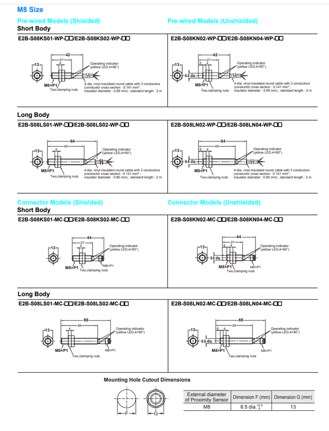 Kích thước Cảm biến tiệm cận Omron E2B-S08LS02-WP-C1 2M