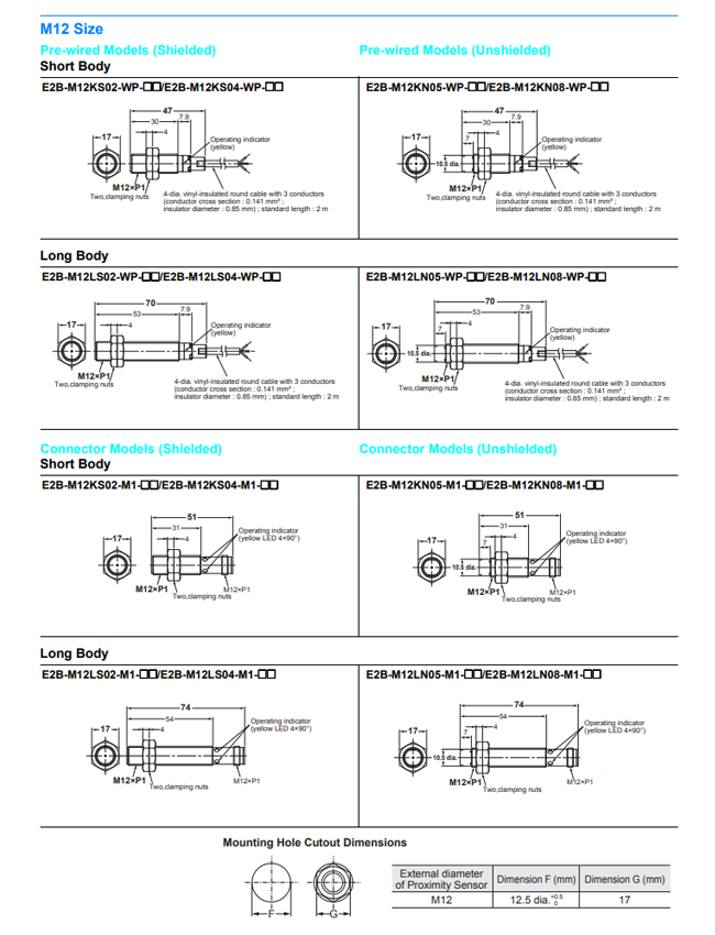 Kích thước Cảm biến tiệm cận Omron E2B-M12LN05-WP-B1 2M