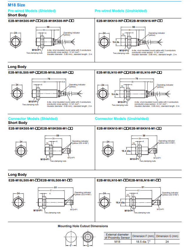 Kích thước Cảm biến tiệm cận Omron E2B-M18KS05-M1-B1