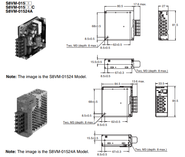 Kích thước bộ nguồn Omron S8VM-01505 5V 15W 3A