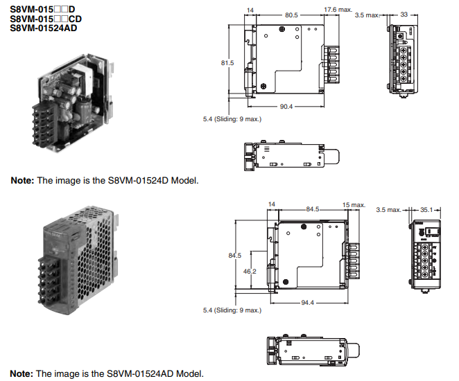 Kích thước bộ nguồn Omron S8VM-01505CD 5V 15W 3A