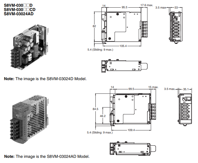 Kích thước bộ nguồn Omron S8VM-03005CD 5V 30W 6A