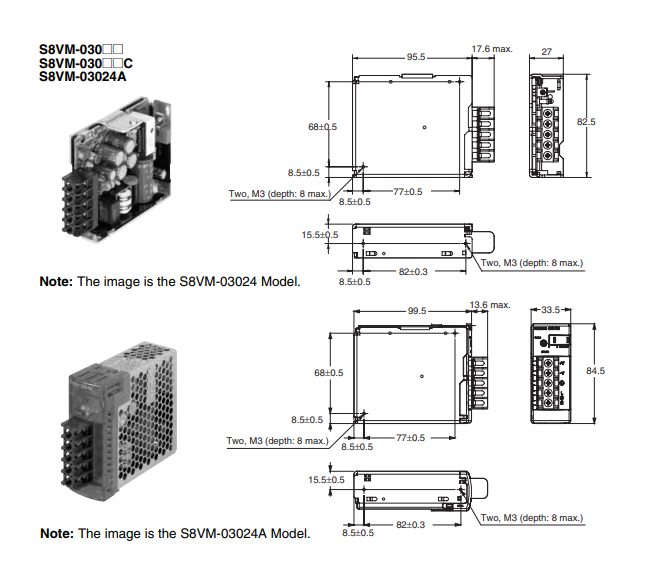 Kích thước bộ nguồn Omron S8VM-03012 12V 30W 2.5A