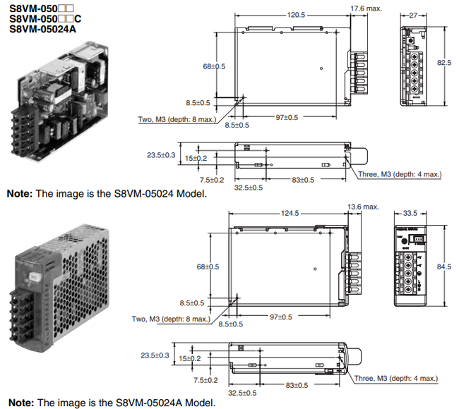 Kích thước bộ nguồn Omron S8VM-05005 5V 50W 10A