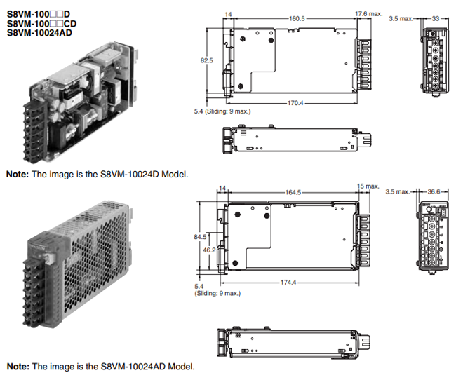 Kích thước bộ nguồn Omron S8VM-10005D 5V 100W 20A