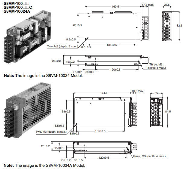 Kích thước bộ nguồn Omron S8VM-10024A 24V 100W 4.5A