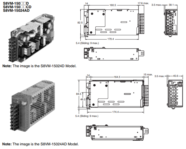 Kích thước bộ nguồn Omron S8VM-15005D 5V 150W 27A