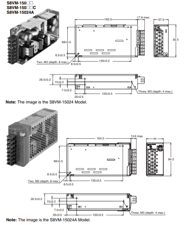 Kích thước bộ nguồn Omron S8VM-15015 15V 150W 10A
