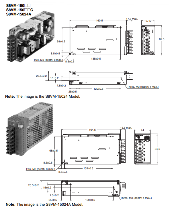 Kích thước bộ nguồn Omron S8VM-15024A 24V 150W 6.5A