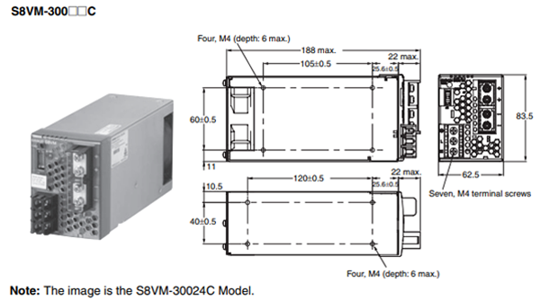 Kích thước bộ nguồn Omron S8VM-30012C 12V 300W 27A