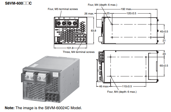 Kích thước bộ nguồn Omron S8VM-60005C 5V 600W 120A