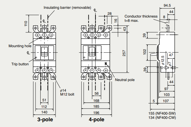 Kích thước Aptomat Mitsubishi MCCB NF400-CW 2P 300A