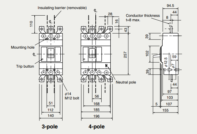 Kích thước Aptomat Mitsubishi MCCB NF400-SEW 3P 400A