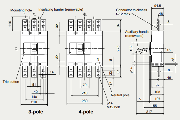 Kích thước Aptomat Mitsubishi MCCB NF800-SEW 3P 800A